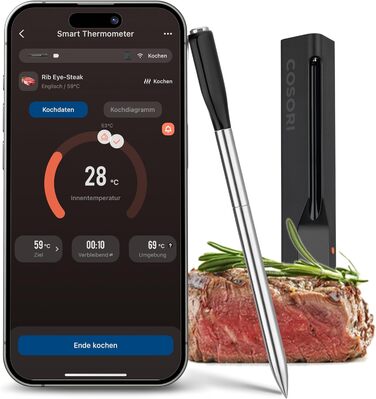 COSORI Смарт термометр для м'яса, бездротовий Bluetooth термометр для гриля та кухні, підходить для аерофритюрниці, мийка в посудомийній машині, чорний