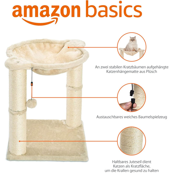 Когтеточка для котів Amazon Basics з будиночком, гамаком, лежаком і стовпчиком, 41x51x41 см, бежева