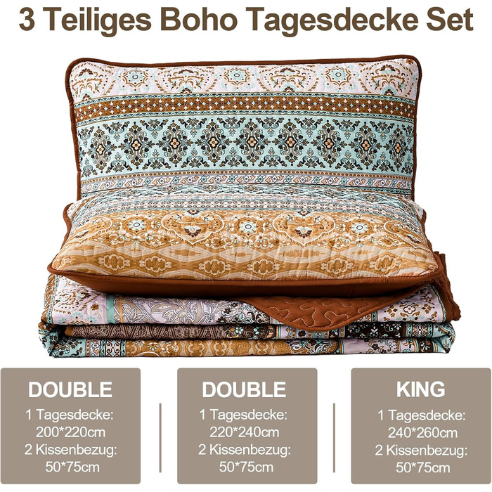 Покривало WONGS BEDDING 220x240 см Boho, стьобане, мікрофібра, 3 предмети: покривало та 2 наволочки 50x70, для двоспального ліжка, коричневе, для спальні чи дивана