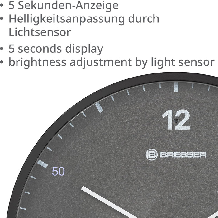 Стінастий годинник Bresser MyTime, 24 см, радіокерований, безшумний, з LED секундною індикацією, вимірюванням температури, сірий