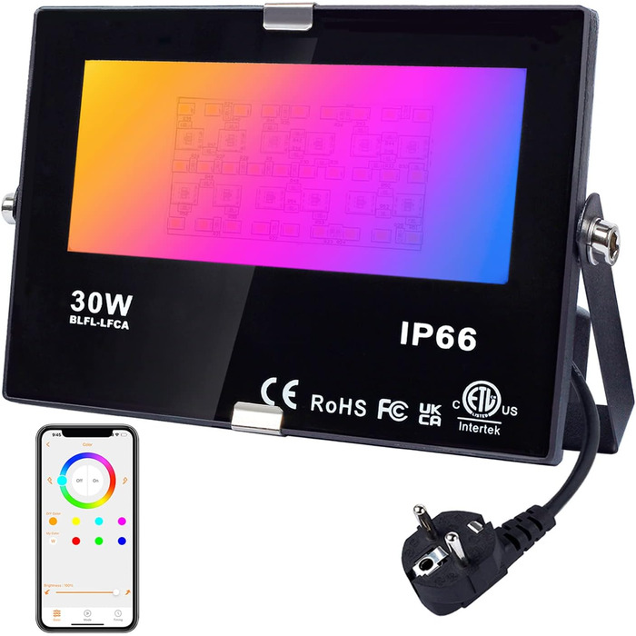 Світлодіодний прожектор DUSKTEC RGB 80Вт, диммований, зовнішній, з APP, Bluetooth, зміна кольору, IP66, для саду, тепле біле світло, з вилкою