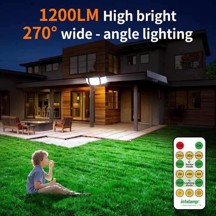Сонячний LED світильник INTELAMP для вулиці з датчиком руху, 6000 мА·год, 1200 Лм, 270° широкий кут, пульт, IP65, кабель 2,7 м, для тераси та гаража