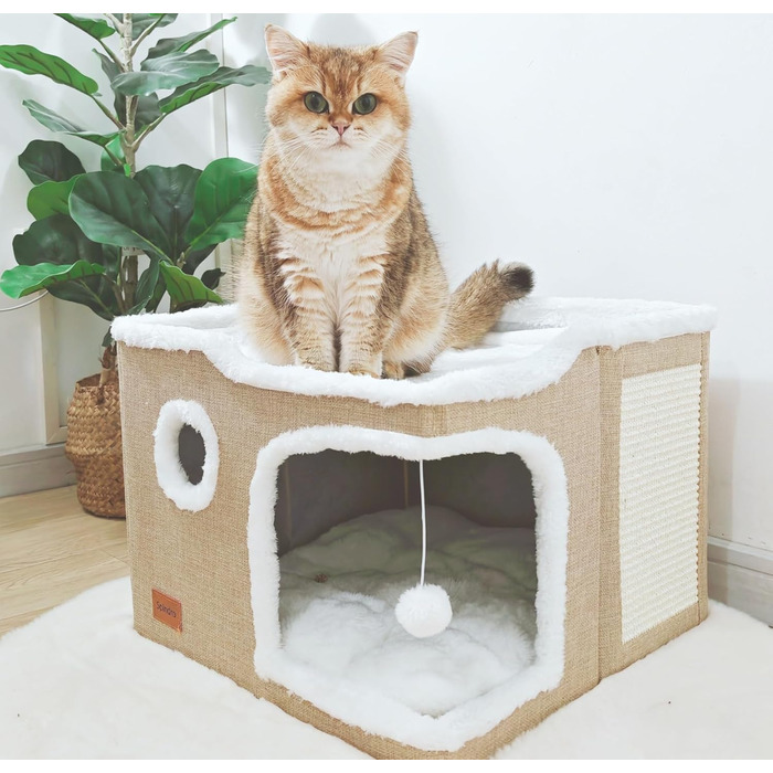 Котяче домік-лежанка Spindro для великих котів, двоповерховий, із знімною шерпа-подушкою та підвісною іграшкою, для дому, світло-сірий, 42x42x33 см