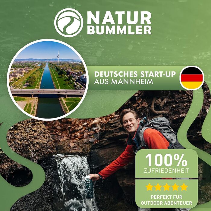 Пляшка-фільтр для води Naturbummler 750 мл, складна, з гачком, нейтральна до CO2, знищує 99,99% бактерій – для кемпінгу, виживання