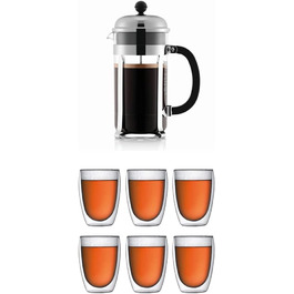 Френч-прес Bodum Chambord 1 л, блискучий + набір склянок Pavina 6 шт, подвійні стінки, 0.35 л, прозорі
