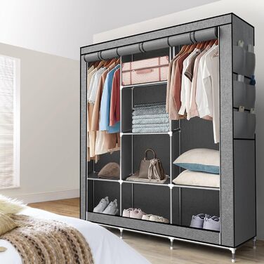 Складана текстильна шафа INTIRILIFE 130x175x45 см, сірий, з блискавкою, полицями, штангою та кишенею — шафа для одягу для дому й кемпінгу
