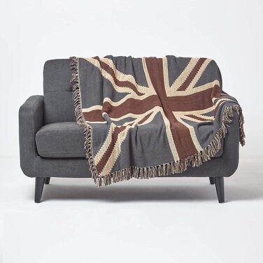 Плед Homescapes жакардовий Union Jack 150x200 см, бавовняний плед у вінтажному стилі, синьо-коричнево-кремовий, з китицями, британський дизайн, покривало на диван з бавовни