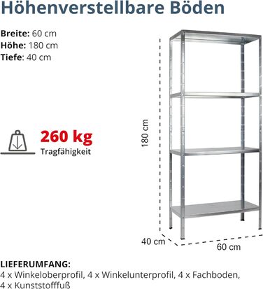 Металевий стелаж SCHULTE Regalwelt PowerMAX, 4 полиці, 65 кг, 180x60x40 см, оцинкований, для складу, майстерні, гаража, підвалу