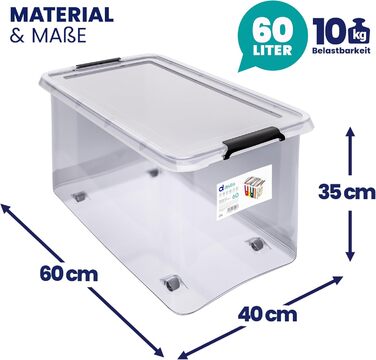 Набір контейнерів Deuba 6×60л з кришкою і колесами, прозорі пластикові, BPA-free, для офісу, гаража, пральні, штабельовані