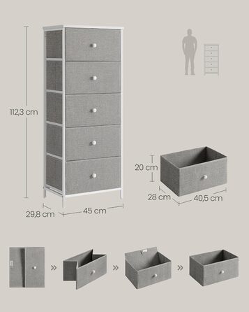 Комод SONGMICS з 5 тканинними шухлядами, металевий каркас, вузький, біло-дубовий, 29,8x45x112,3 см
