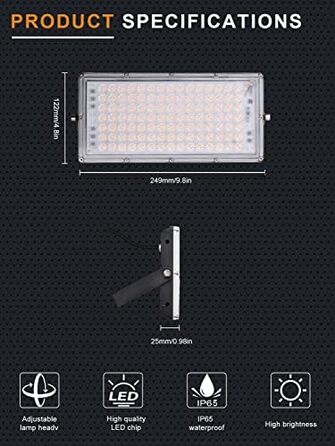 Світлодіодний прожектор Ankishi 100W, IP65, 6500K, 30000Лм, холодне світло, для вулиці, спортмайданчика, гаража, саду, набір 4 шт.