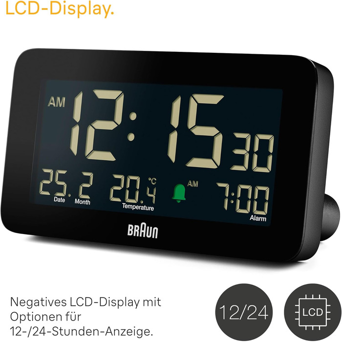 Цифровий годинник Braun BC10B з будильником, датою, місяцем, термометром, LCD-дисплеєм, швидким налаштуванням, чорний