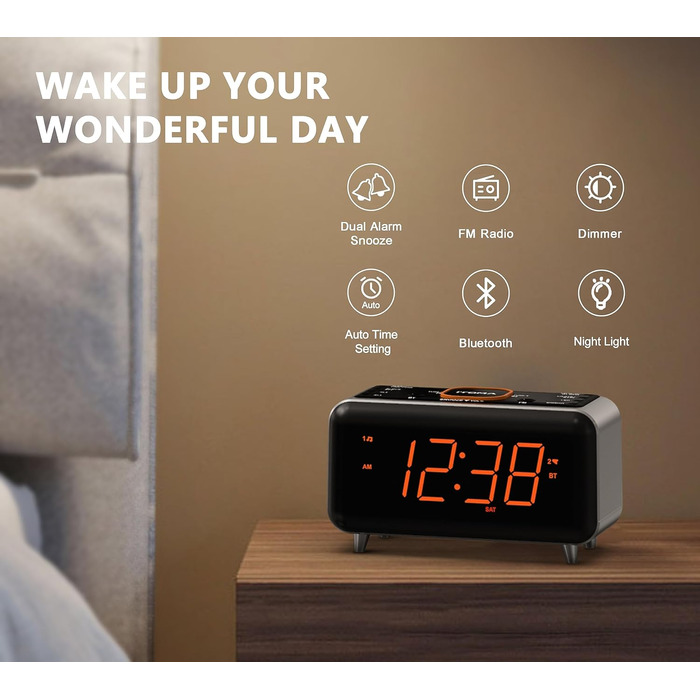 iTOMA радіобудильник з Bluetooth, FM-радіо, App-керуванням, подвійним будильником, 4 режимами, димером, нічником, USB-зарядкою, модель CKS208