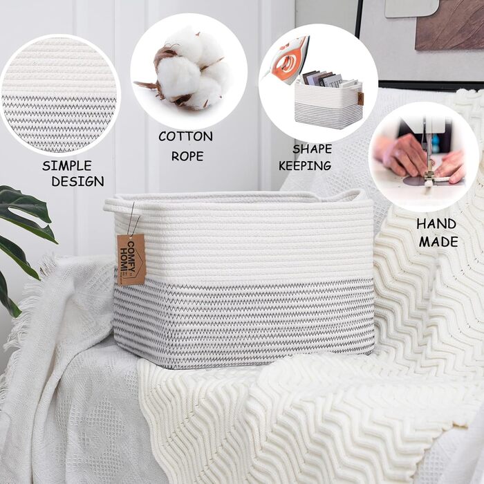 Плетений кошик COMFY-HOMI з бавовняного канату з ручками для іграшок, книг, полиць, декоративний органайзер 34,3×27,9×24,1 см