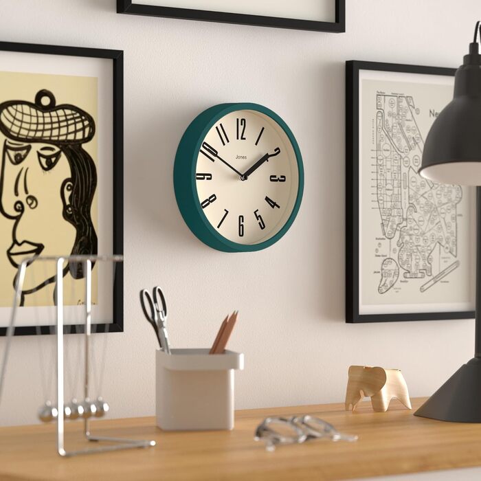 Ретро настінний годинник JONES CLOCKS 20 см, темно-зелений, великі цифри, для кухні, офісу, дитячої кімнати, ванної, легке зчитування