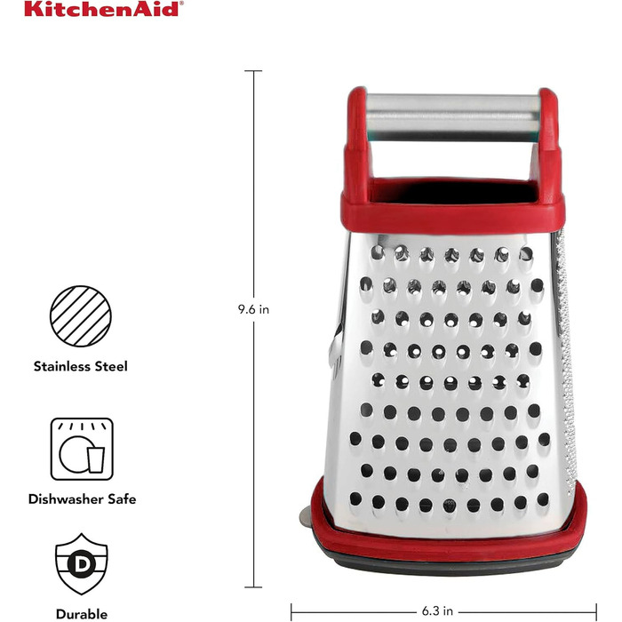 Тертка KitchenAid KN300OSERA Gourmet 4-стороння, з нержавіючої сталі, з контейнером на 3 чашки, мірними позначками, для дрібного, середнього та крупного натирання, підходить для посудомийної машини, Empire