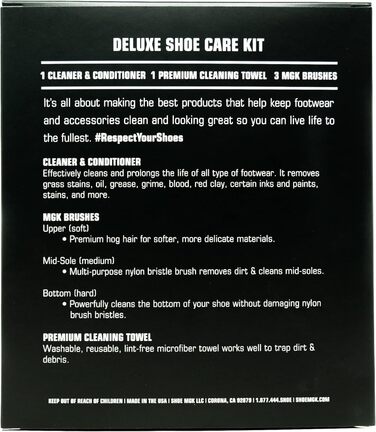 SHOE MGK Набір для догляду за взуттям Deluxe – засіб для чищення білих, шкіряних, замшевих, текстильних та інших типів взуття, 236 мл, з м'якою щіткою