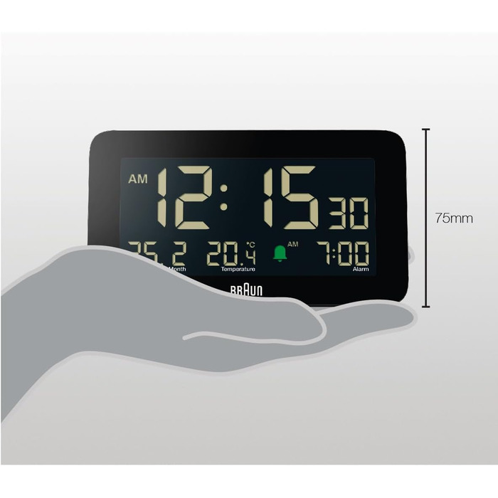 Цифровий годинник Braun BC10B з будильником, датою, місяцем, термометром, LCD-дисплеєм, швидким налаштуванням, чорний
