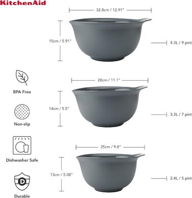 Набір з 3 мисок KitchenAid, що складаються одна в одну, деревне сірий