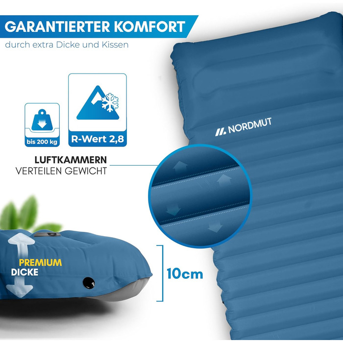 Самонадувний туристичний килимок NORDMUT 10 см, компактний, ультракомфортна ізоляційна матрацика для кемпінгу, синя