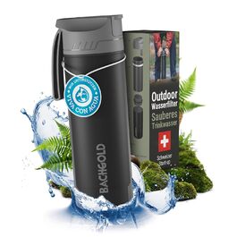 Пляшка-фільтр для води Bachgold Profi Outdoor, 1500 л, видаляє 99,99% бактерій, фільтрує віруси, частки й важкі метали, чорна