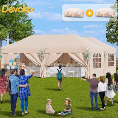 Павільйон Devoko 3x6 м, водонепроникний, зимостійкий, 3 рівні висоти, UV-захист 50+, складаний, з 6 стінками і сумкою, для саду, кемпінгу, бежевий