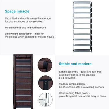 Тканинна шафа INTIRILIFE 170x58x28 см з блискавкою, 9 полиць, кокосово-коричнева, для одягу і взуття, розкладна, для кемпінгу