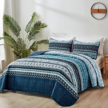 Покривало WONGS BEDDING 220x240 см, стьобане, комплект 3-в-1, мікрофібра, бохо стиль, темно-синє, з 2 наволочками 50x70 см, для двоспального ліжка або дивану