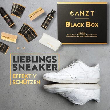 Преміум набір для чищення кросівок Canzt Black Box – для замші, нубуку, шкіри та текстилю, з засобом для взуття, серветкою, щітками, вологими серветками та дезодорантом