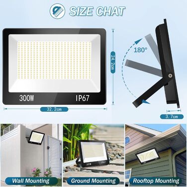 YIQIBRO LED прожектор для вулиці, 300Вт, IP67, 10000Лм, 6500K, холодне біле світло, водонепроникний, для складу, саду, гаража, двору, паркінгу