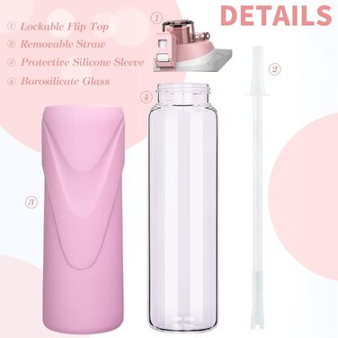 Скляна пляшка для води 1 л з трубочкою, боросилікат, BPA Free, силіконова оболонка, пастельно-рожева
