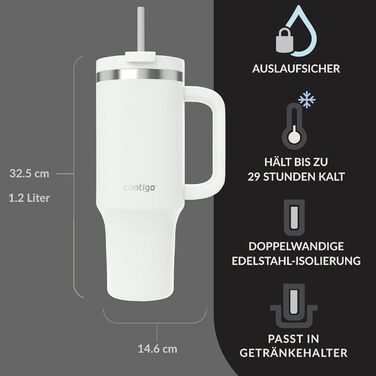 Термос пляшка Contigo Streeterville 1200 мл з ручкою і трубочкою, ізольована термофляга з нержавіючої сталі з кришкою, зберігає холод до 29 годин, термочашка для подорожей, BPA-free (Salt)