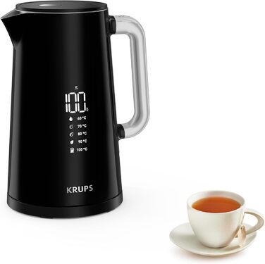 Електрочайник Krups Smart'n Light, 1,7 л, 5 температур, нержавіюча сталь, подвійна стінка, чорний