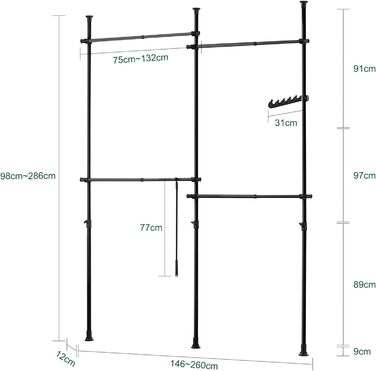 Вішалка-телескоп SoBuy KLS03-SCH, 4 стійки, регульована, чорна, 124-226x200-285 см, гардеробна система