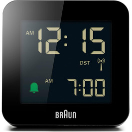Цифровий радіо-будильник Braun BC09B-DCF з негативним LCD-дисплеєм, функцією швидкого налаштування, поступовим сигналом, режимом сну, для центральноєвропейського часу, чорний