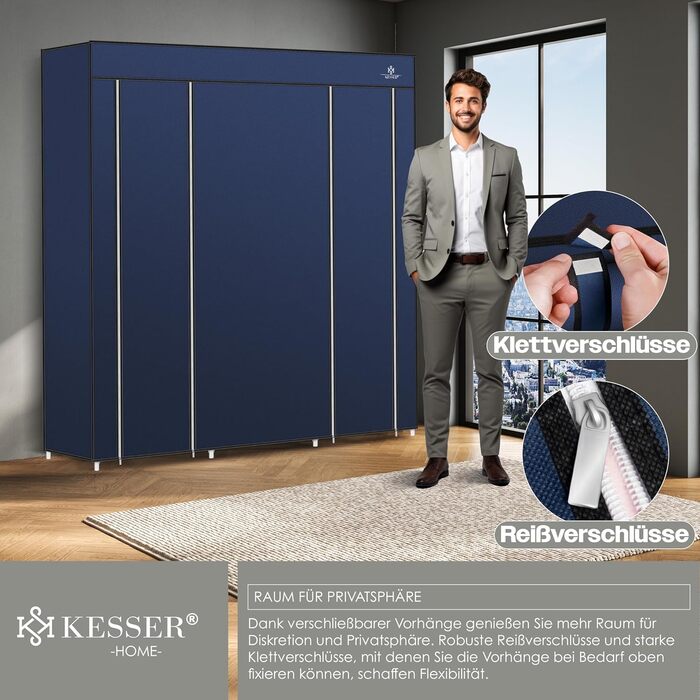 Тканинна шафа KESSER зі штангою та полицями, 150x45x175 см, 5 вішаків, синя, для спальні та гардеробної
