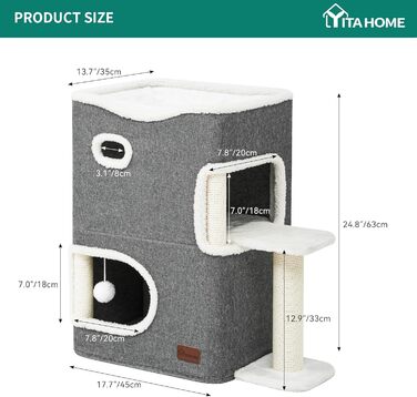 Будинок для кішок YITAHOME, котяче ліжко та будиночок для домашніх котів, когтеточка, м'яка сіра котяча хата з платформою