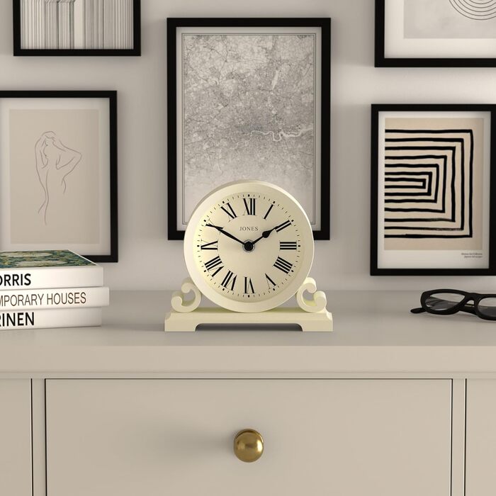 Настільний годинник JONES CLOCKS Saloon, білий, класичний стиль, подвійне скрол-оформлення, римські цифри, для столу, полиці або тумбочки