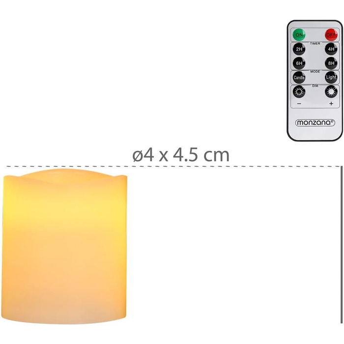 Свічки Monzana XL LED з таймером 2-8 годин, мерехтливим полум’ям, дистанційним керуванням, на батарейках, тепле біле світло, набір чайних свічок 4,5 см, з натурального воску, димовані, електричні