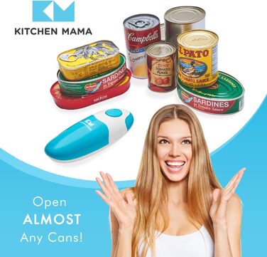 Автоматична електрична відкривачка для консервів Kitchen Mama, безпечна, з гладким краєм, харчова нержавійка, блакитна