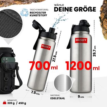 Термос пляшка з нержавіючої сталі 700 мл, BPA-Free, з безкоштовною сумкою, подвійні стінки, герметична, для спорту та активного відпочинку, срібляста, підходить для миття у посудомийці