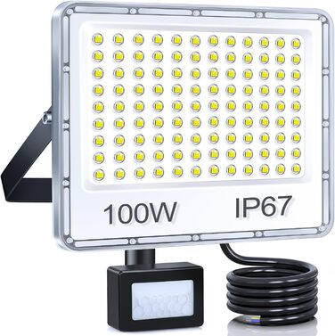Світлодіодний прожектор з датчиком руху для вулиці 100W, 10000Лм, 6500K, IP67, комплект 2 шт, для складу, саду, гаража