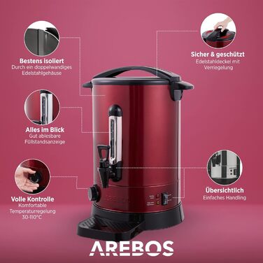 Електричний диспенсер для гарячих напоїв Arebos 6,8 л, 950 Вт, з піддоном, краном, термостатом, захистом від перегріву, регулювання температури 30-110°C, червоний