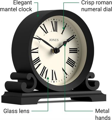 Декоративний настільний годинник JONES CLOCKS Saloon, класичний стиль, чорний, римські цифри, подвійний сувій, для письмового столу, полиці чи тумбочки