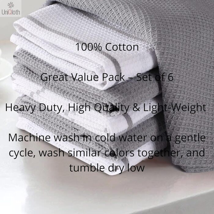 Набір кухонних рушників UniQloth 6 шт, 100% бавовна, сірі, 38x64 см, для ресторану, бару, скла, з петелькою, машинне прання, висока поглинання