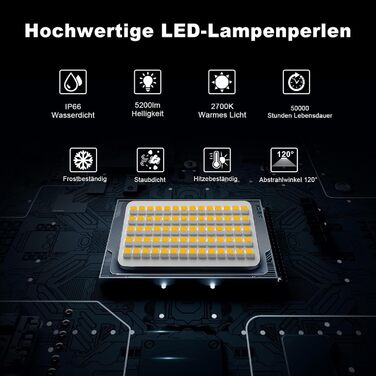 MEIKEE LED Прожектор 60 Вт, тепле біле світло 2700K, 5200 Лм, суперяскравий, 2 шт., IP66 водонепроникний, для саду, двору, гаража, під'їзду