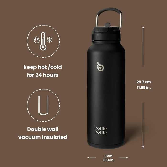 Термос-термобутилка BOTTLE BOTTLE з соломинкою, спортивна сталева пляшка 1 л з ручкою, чорна, для води та пігулок