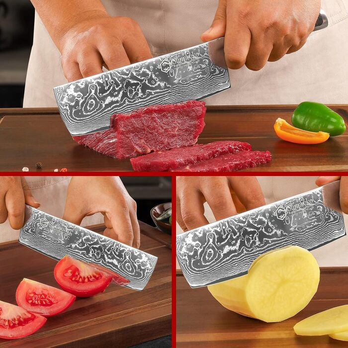 Sunnecko Nakiri 18 см – дамаський кухонний ніж, гострий багатофункціональний азійський ніж із дамаскої сталі з ергономічною ручкою для дому та кухні