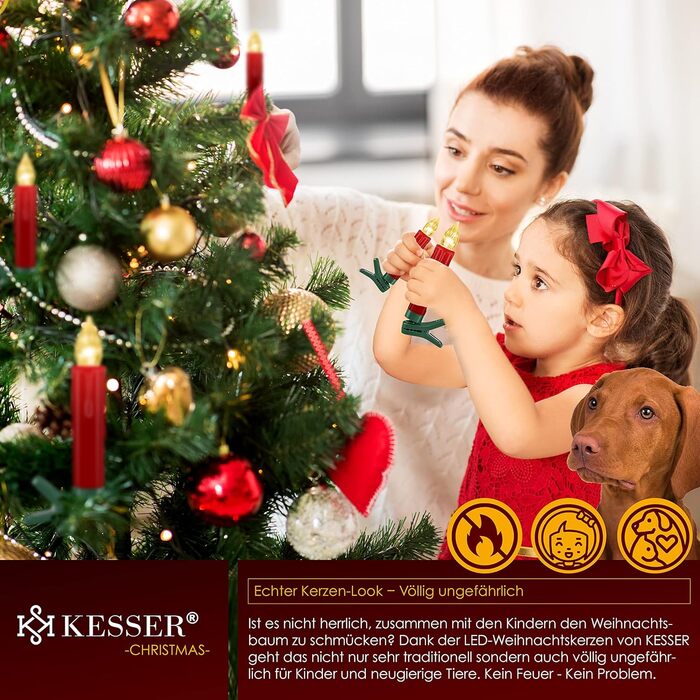 KESSER LED ялинкові свічки 30 шт., бездротові, різнокольорові, з пультом, таймером, мерехтінням, димміровані, з батарейками, кріплення, червоні