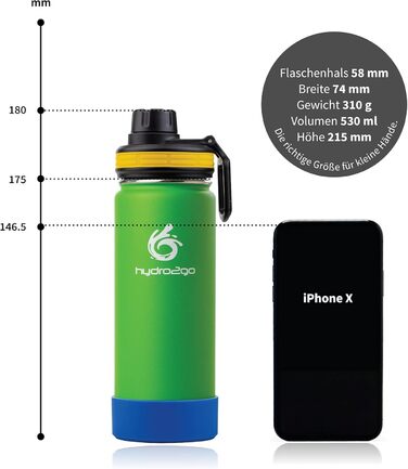 Дитяча термос пляшка з нержавіючої сталі 500 мл, 100% герметична, BPA-free, з 2 кришками (трубочка і спортивна), лаймова